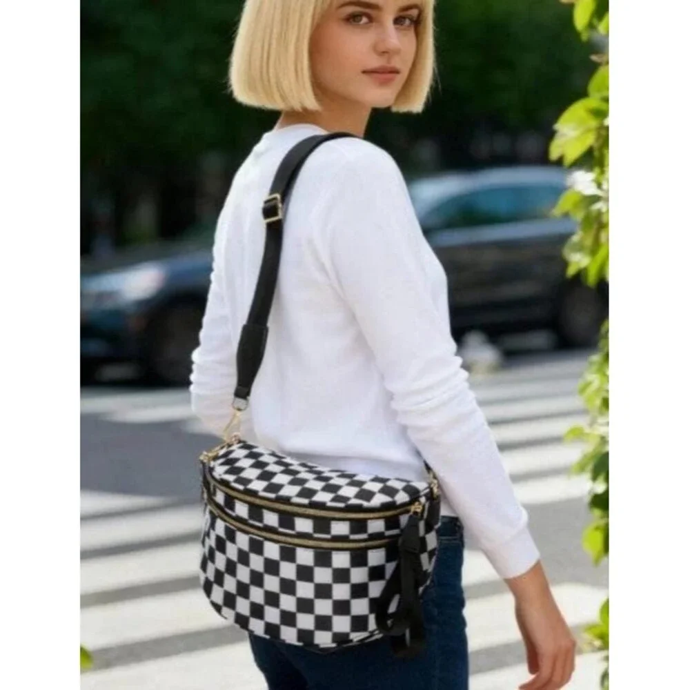 Brown Nylon Checker Crossbody Adjustable Sling Purse Lightweight Shoulder Bag - Picture 4 of 9